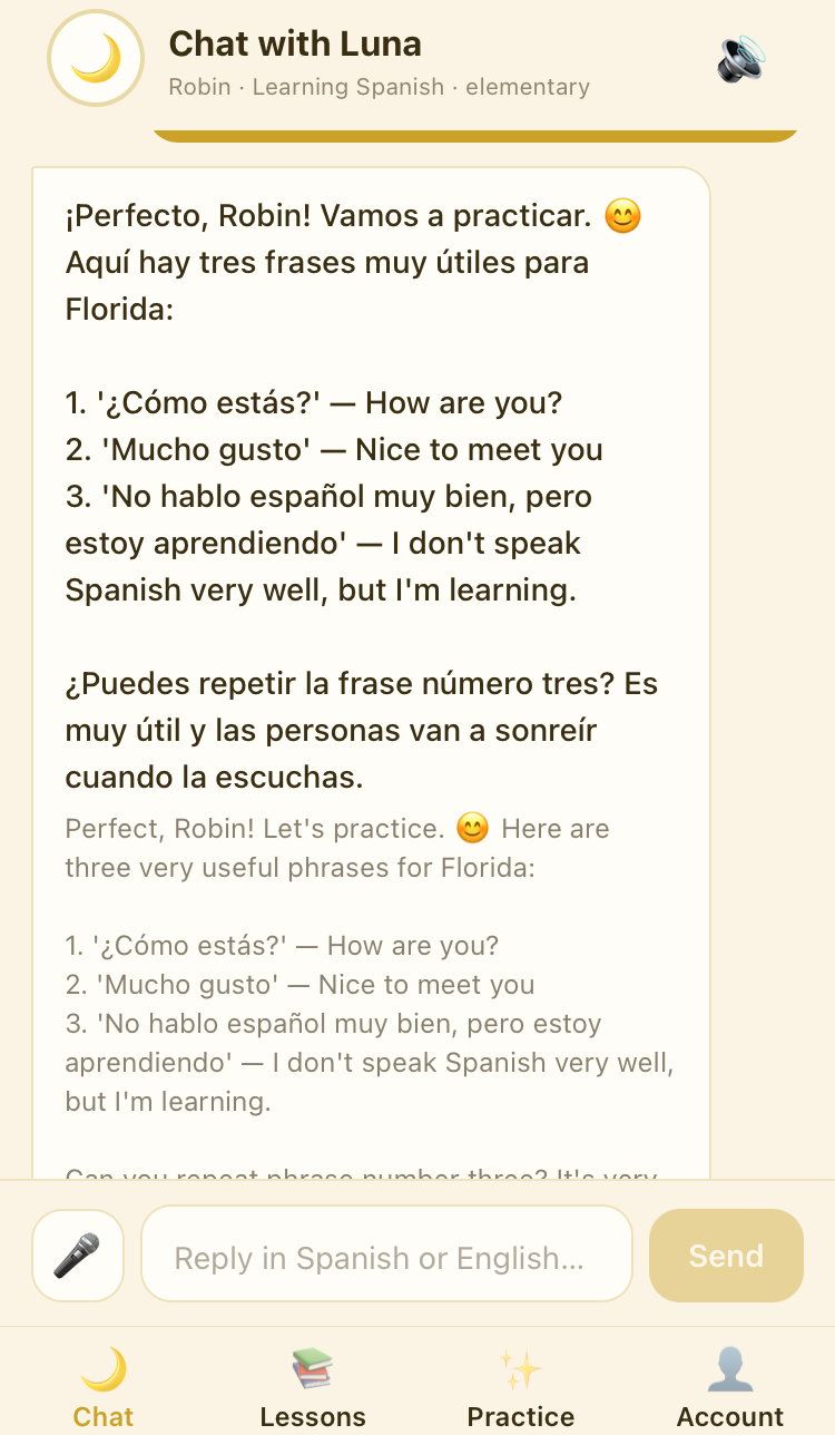 A conversation with Luna in the app chat